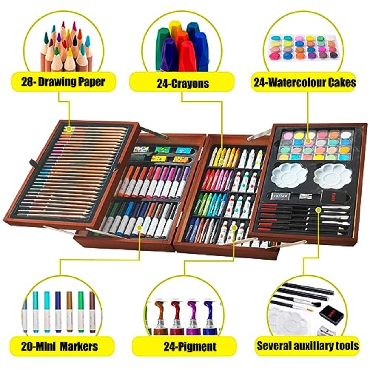 139 Piece Art Sets & Crafts Kit with Sketch Pads, Deluxe Wooden Box for Artist Beginners Girls Boys (Light Brown)